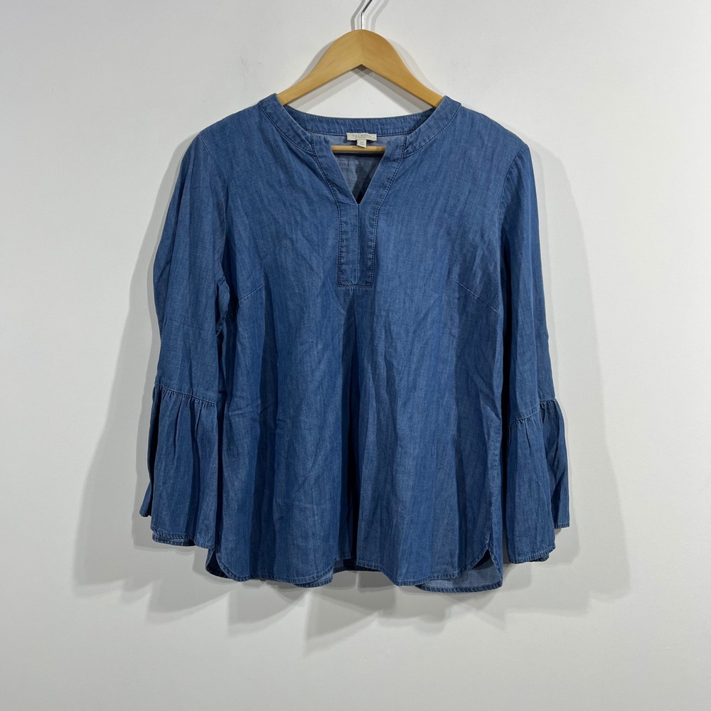 Talbots Beachy Resort Boho Chambray Bell Sleeve Split Neck Top Womens Medium Pet